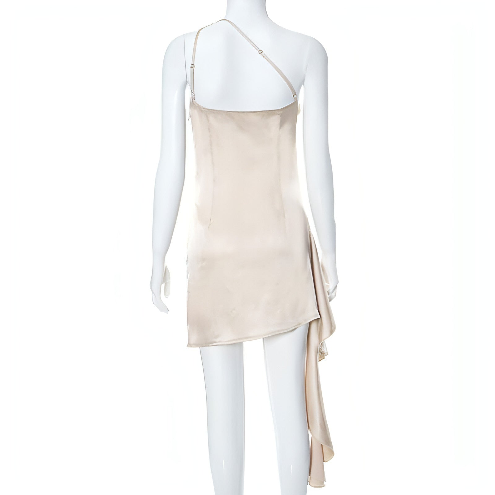 Carmine Juneberry sleeveless slim fit crossbody dress in a sleek, modern style, displayed on a mannequin.