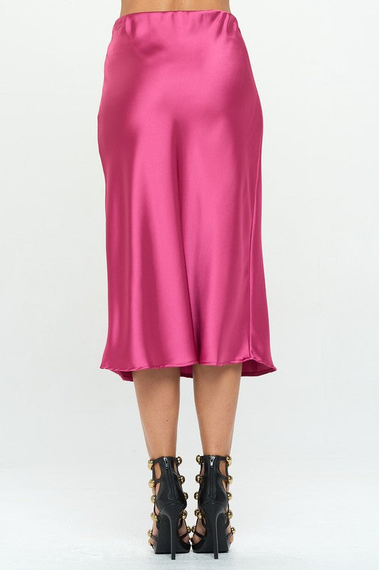 Automotive-themed Jade Icarus solid stretch satin midi skirt with a sleek, smooth fabric finish and stylish midi length.