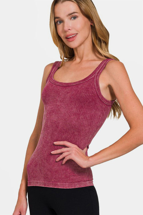 Jade Icarus Zenana Ribbed Scoop Neck Tank in automotive style, featuring a fitted ribbed fabric and scoop neckline.