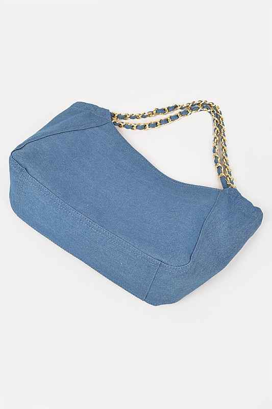 Jade Icarus denim tote bag with sturdy handles and spacious interior, perfect for casual everyday use.