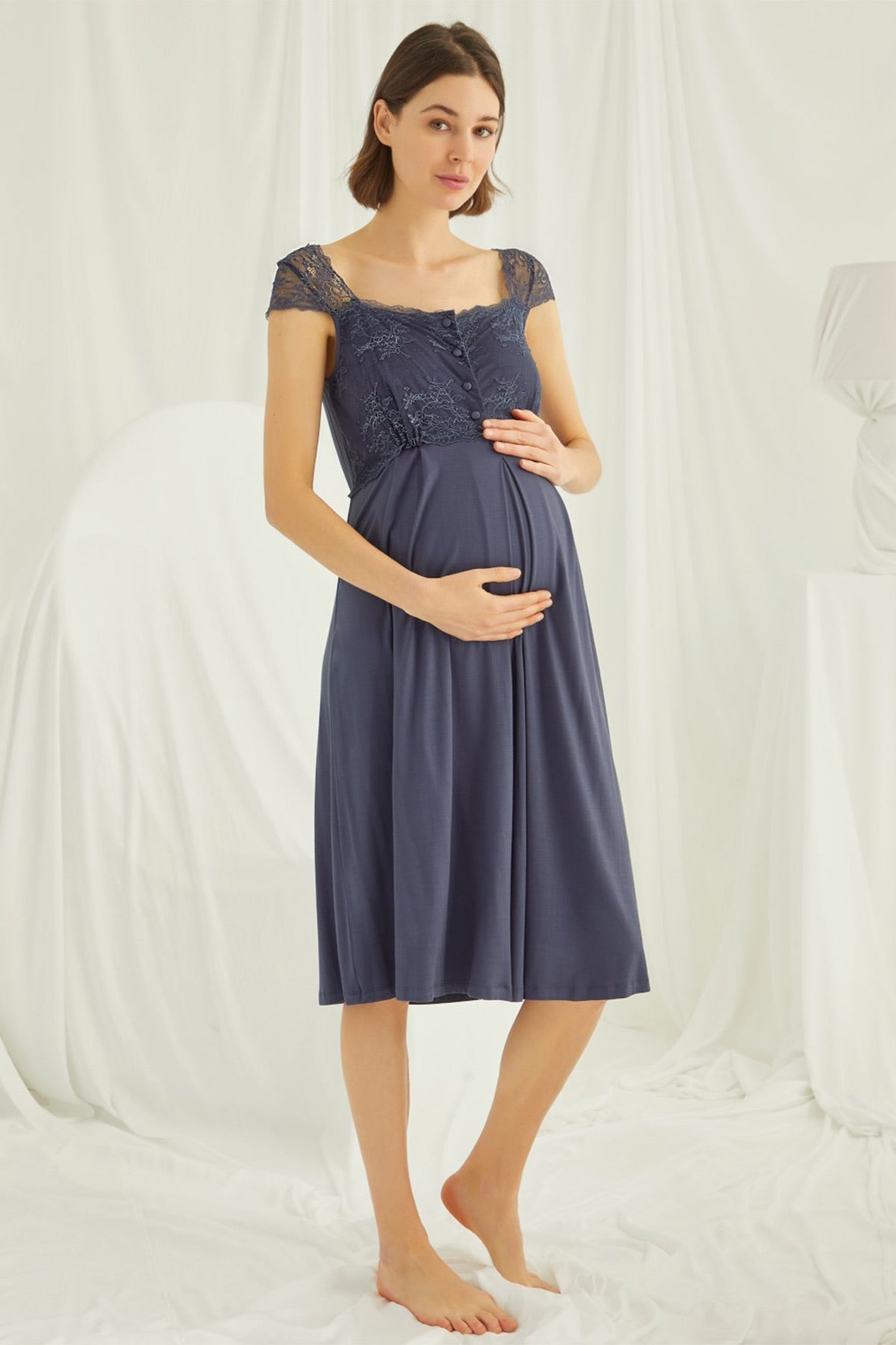 Burgundy Artemis Shopymommy lace navy maternity and nursing nightgown with matching robe set, soft and comfortable for nursing moms