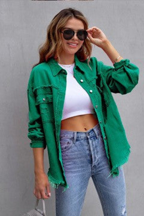 Womens tattered jacket by Jade Icarus featuring distressed fabric, casual style, and a relaxed fit, shown on a model.
