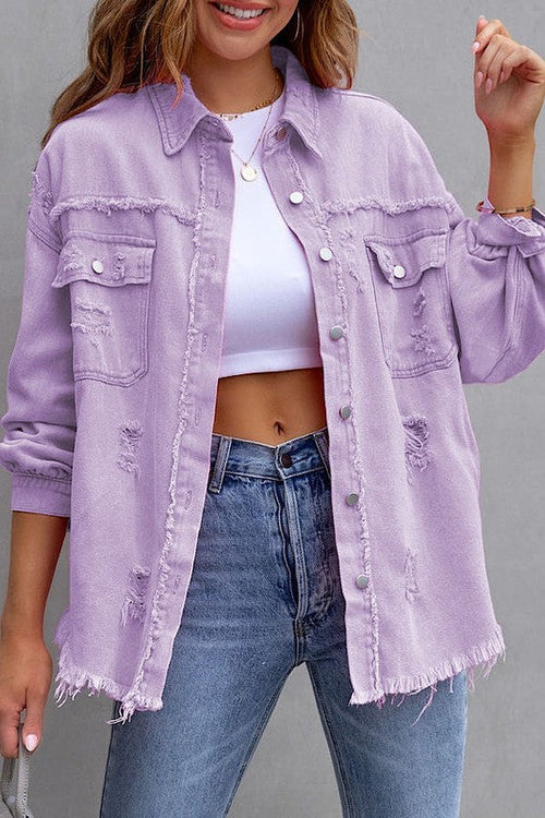 Womens Jade Icarus tattered jacket with distressed fabric, casual style, and worn-in look, displayed on a hanger.