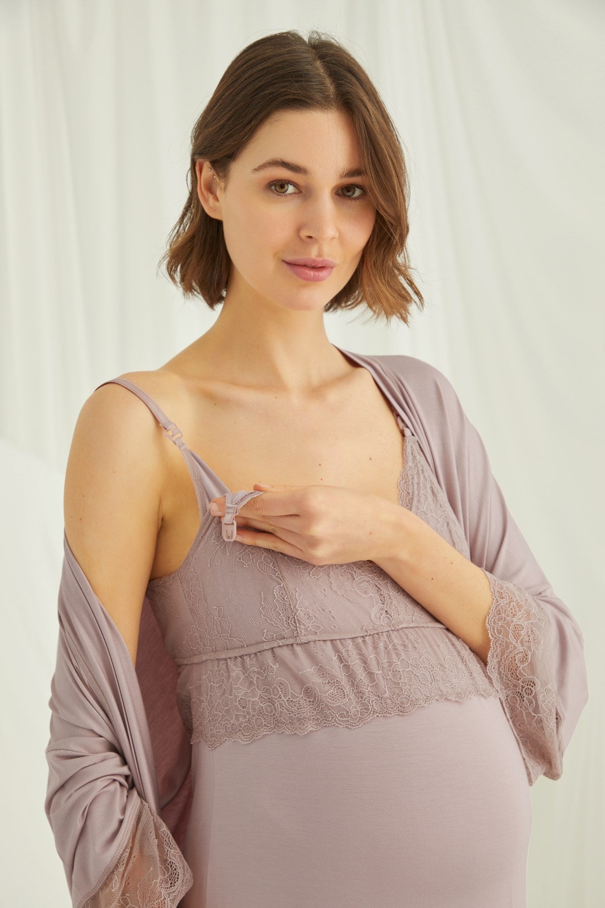 Burgundy Artemis Shopymommy lace strappy maternity and nursing nightgown with matching robe, soft and comfortable lingerie set.