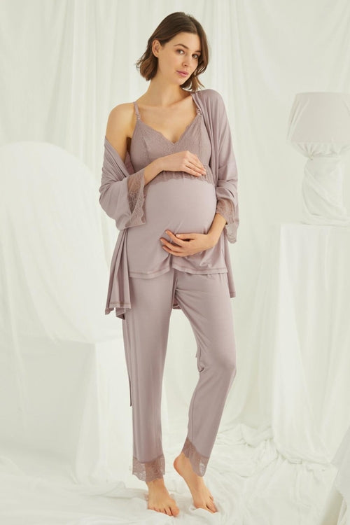 Burgundy Artemis Shopymommy lace strappy 3-piece maternity and nursing pajamas set, featuring comfortable lingerie for maternity wear