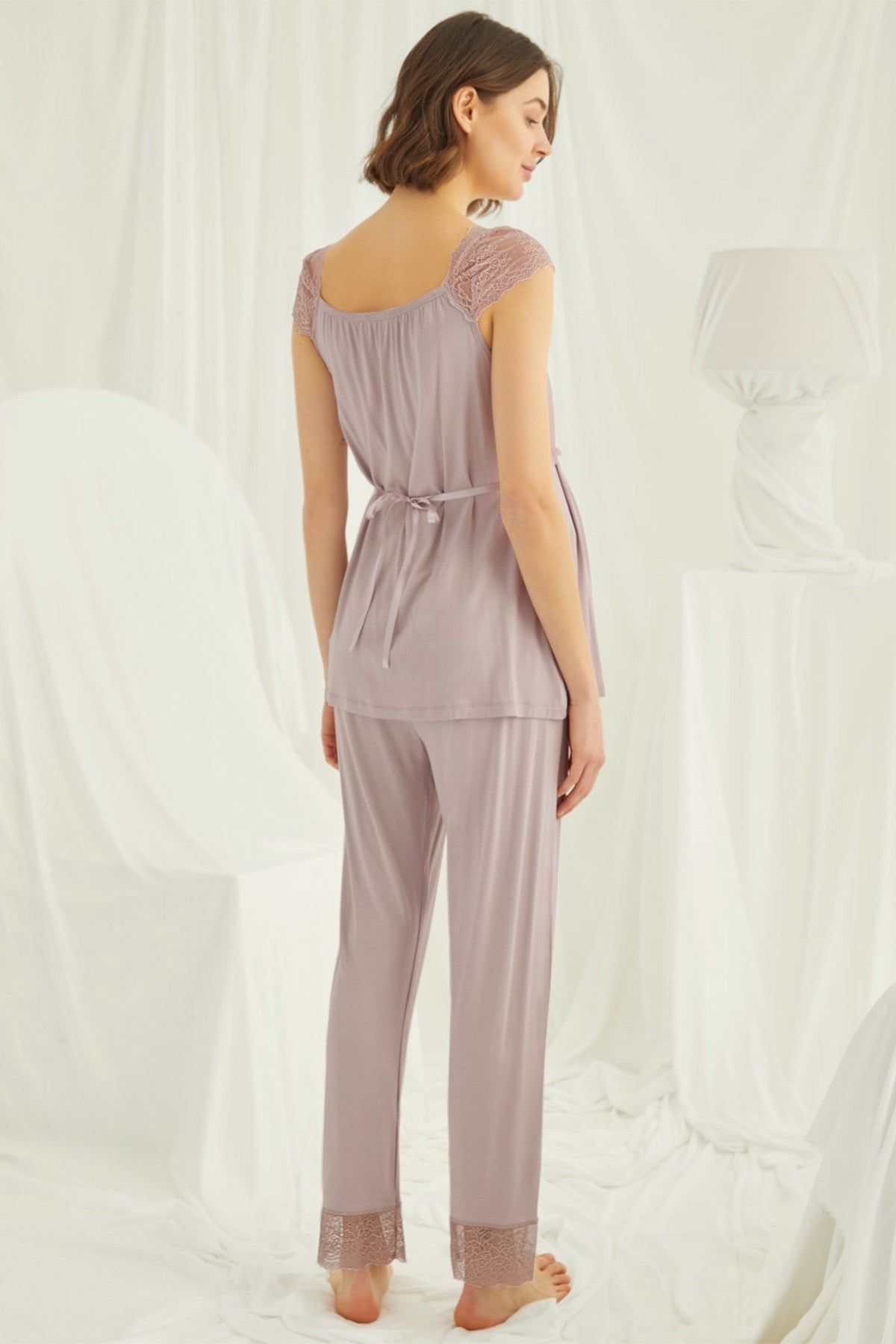 Burgundy Artemis Shopymommy 18440 lace maternity and nursing pajamas in coffee color, featuring soft lace details and comfortable fit.