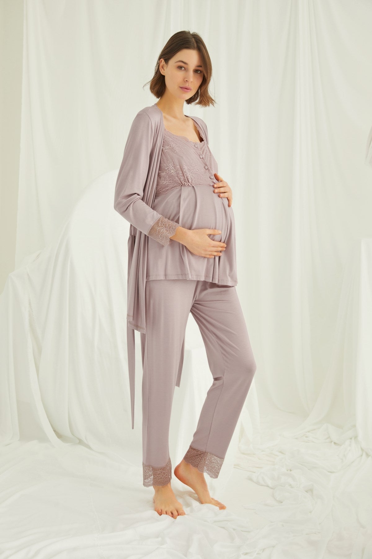Burgundy Artemis Shopymommy lace 3-piece maternity and nursing pajamas set with matching robe, soft and comfortable lingerie for new moms.