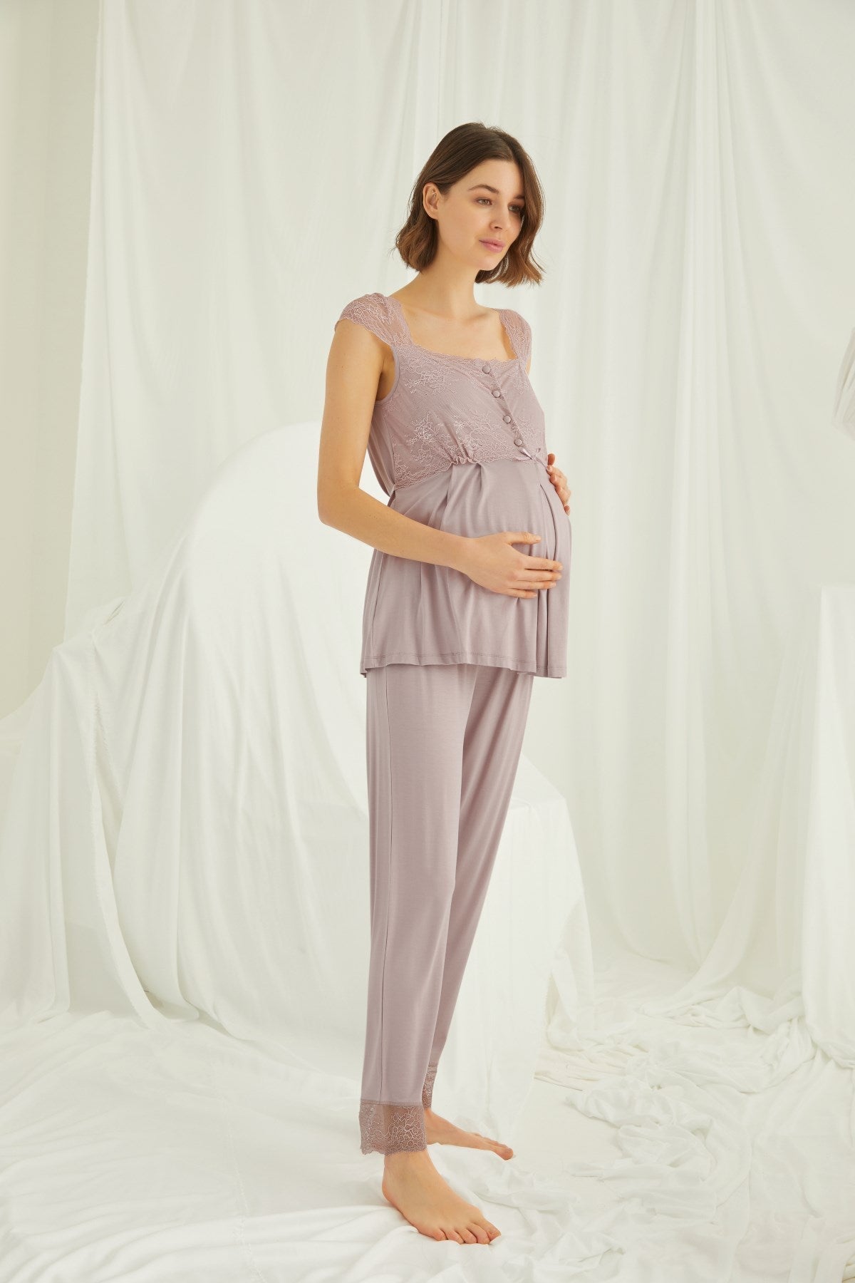 Burgundy Artemis Shopymommy lace 3-piece maternity and nursing pajamas set with matching robe, soft and comfortable for new moms.