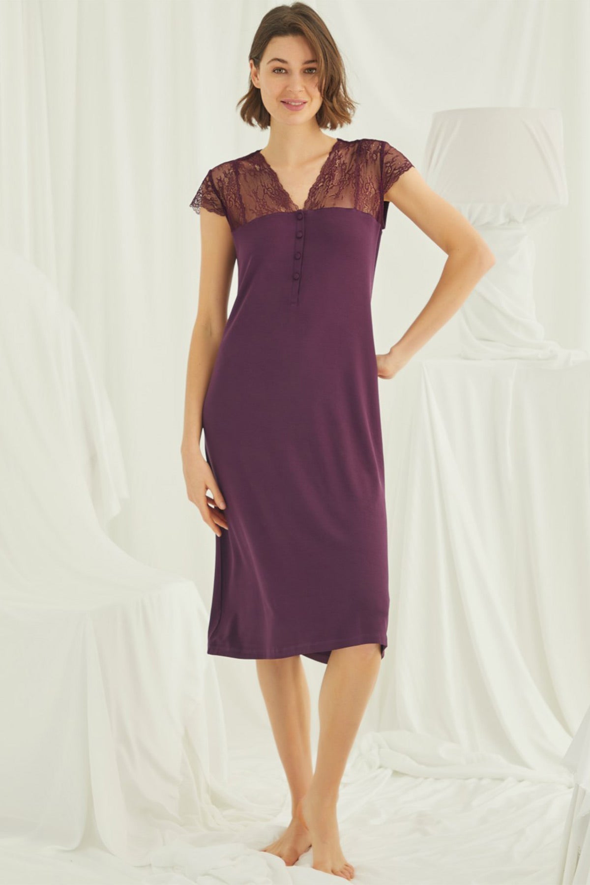 Burgundy Artemis Shopymommy lace V-neck plus size maternity and nursing nightgown with soft fabric and comfortable fit.