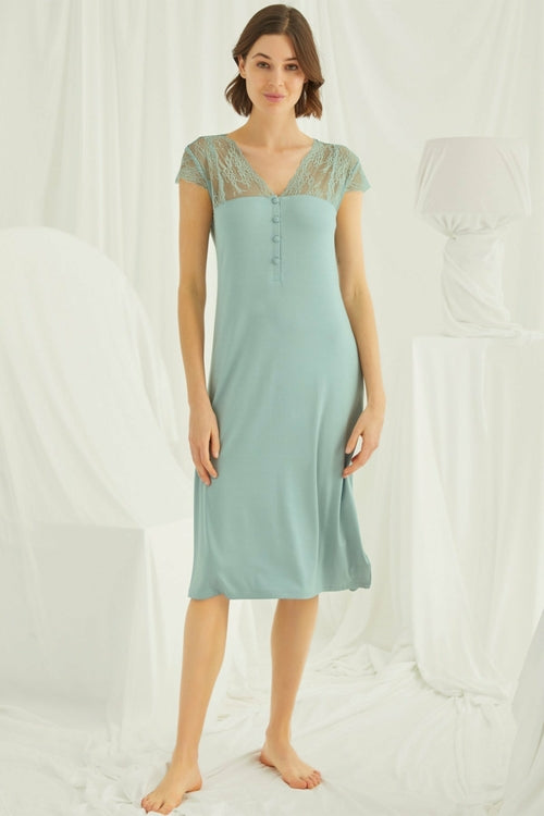 Green lace V-neck maternity and nursing nightgown by Burgundy Artemis, featuring long sleeves and soft fabric.