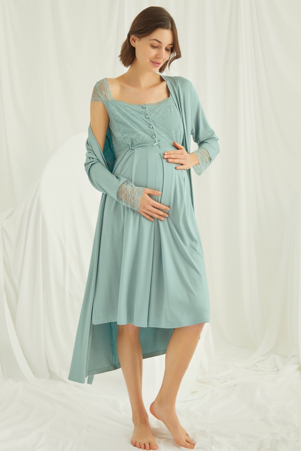 Burgundy Artemis Lace Maternity and Nursing Nightgown with matching robe set, soft lace fabric, perfect for nursing and comfort.