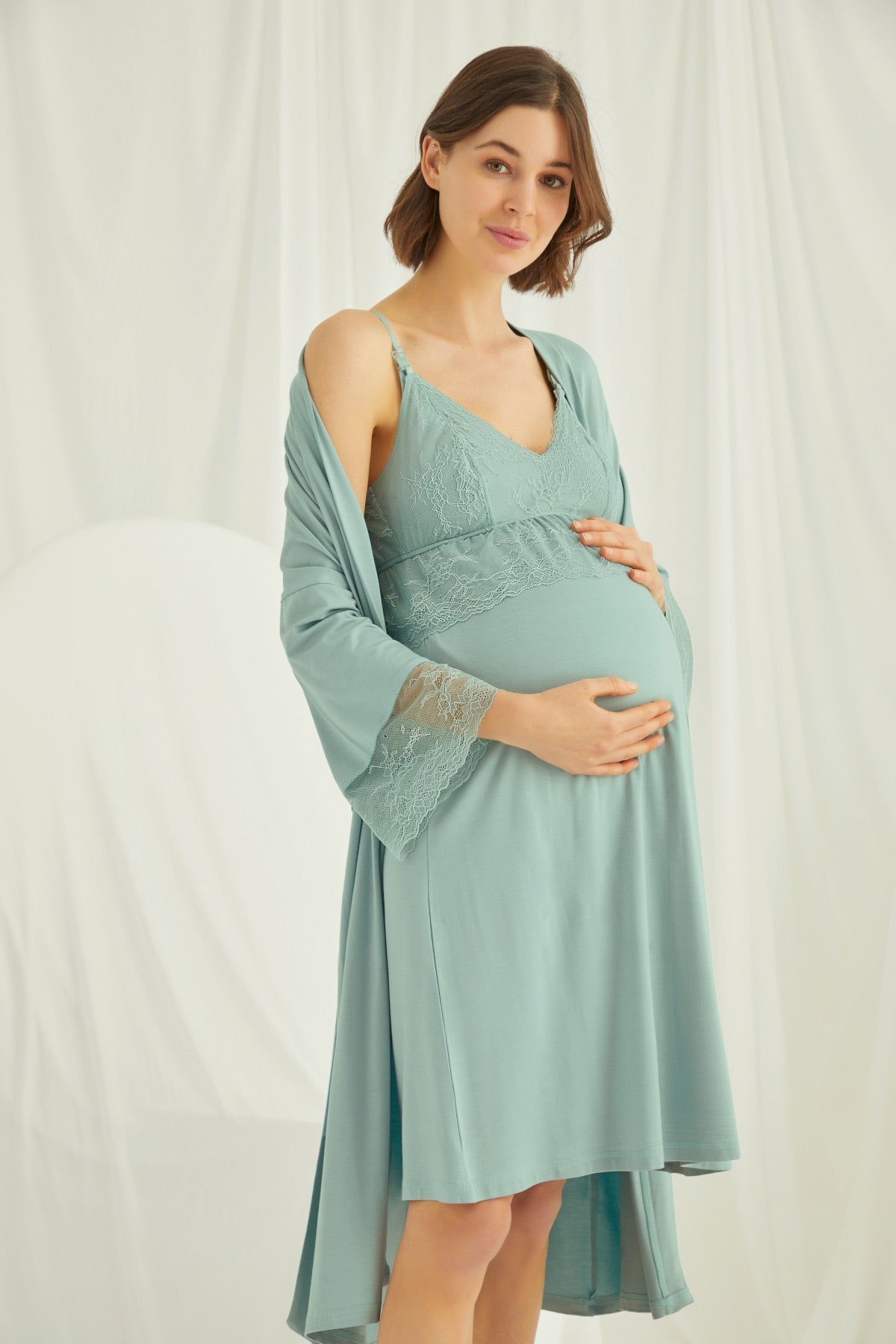 Burgundy Artemis Shopymommy lace strappy maternity and nursing nightgown with matching robe, soft and comfortable lingerie set.