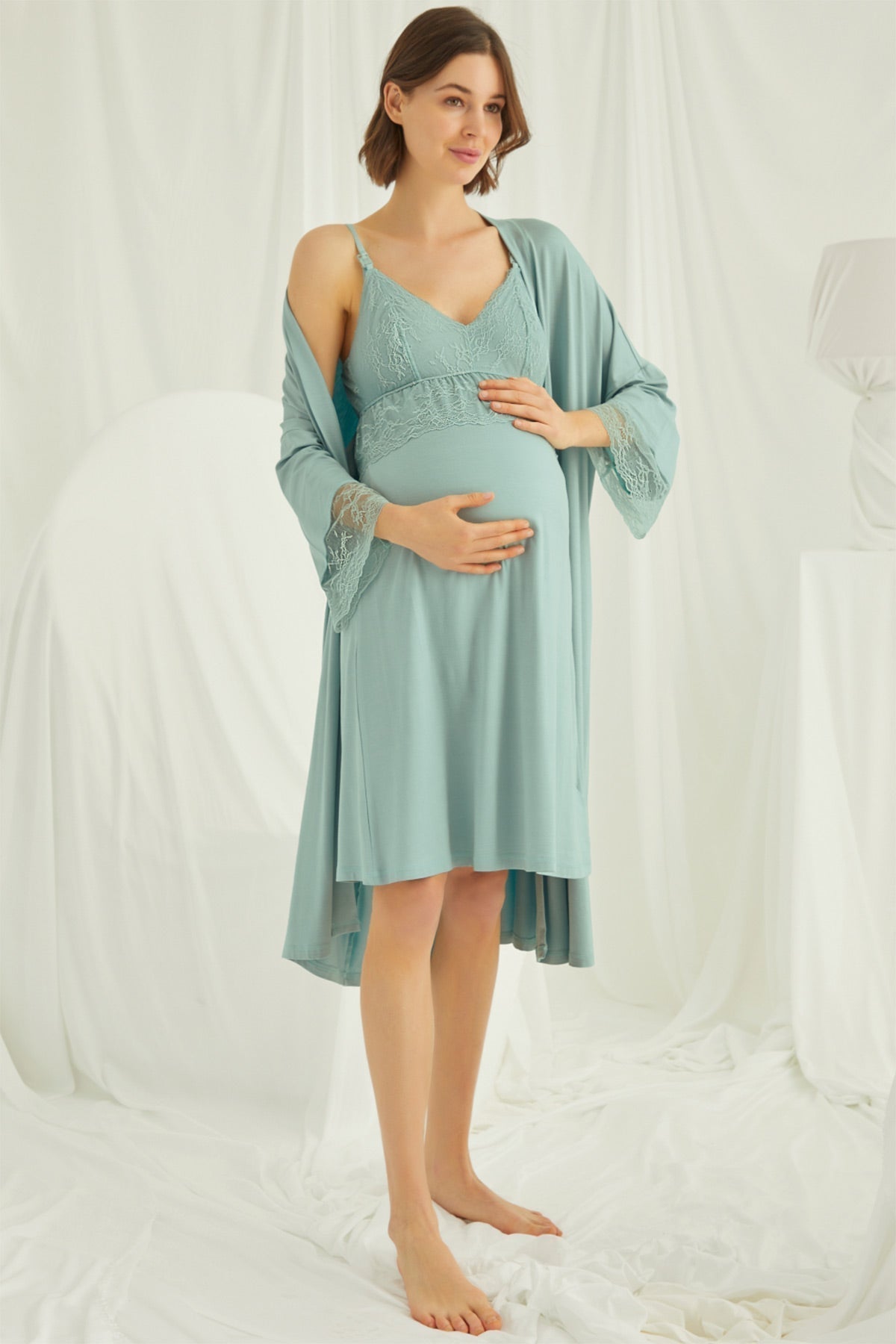Burgundy Artemis Shopymommy lace strappy maternity and nursing nightgown with matching robe, soft and comfortable lingerie set.