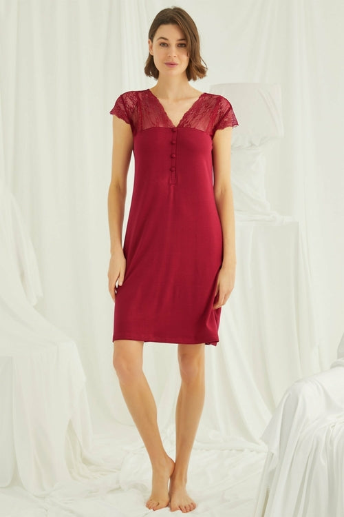 Red lace V-neck maternity and nursing nightgown by Burgundy Artemis, featuring short sleeves and comfortable fit.