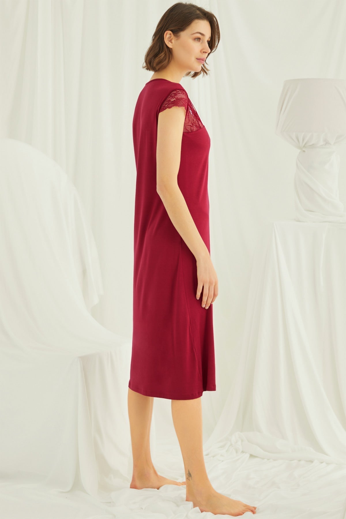 Red Lace V-neck maternity and nursing nightgown by Burgundy Artemis, featuring adjustable straps and soft, comfortable fabric.