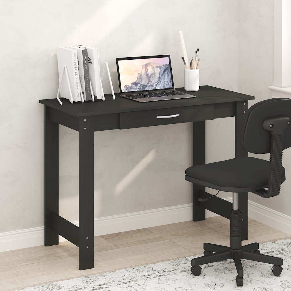Start2Finish darkwood computer desk with H-legs, office writing desk featuring a drawer and sturdy furniture design