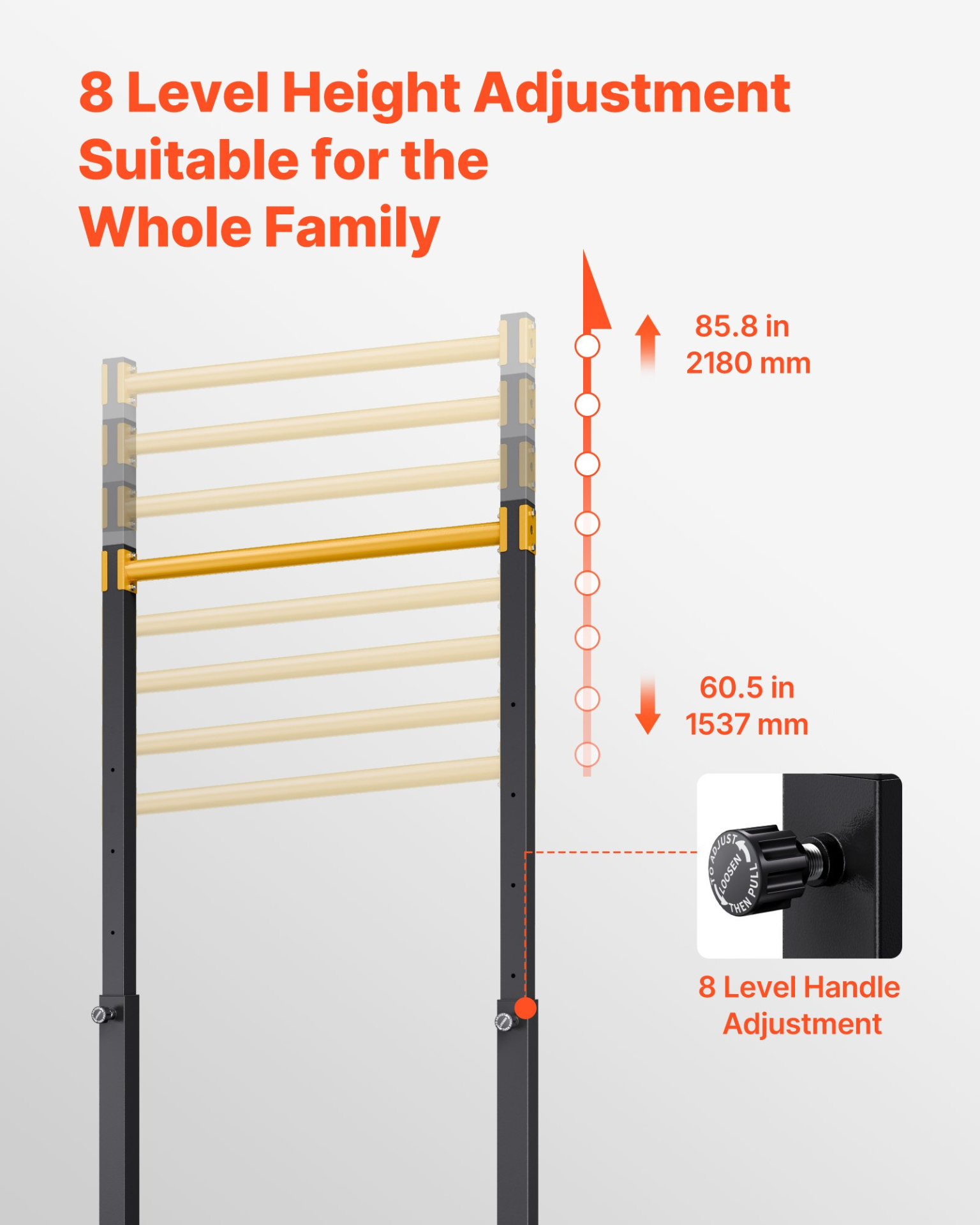 Start2Finish VEVOR portable pull-up bar with H-frame, heavy-duty steel, 8 height levels, suitable for arms, back, and chest workouts.