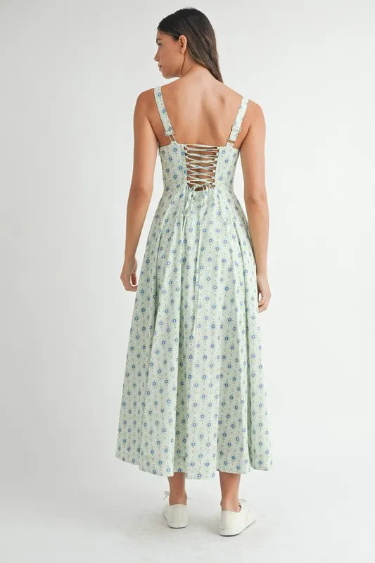 Pear Daisy floral print bustier midi dress with back lace-up detail, perfect for stylish home and garden occasions.