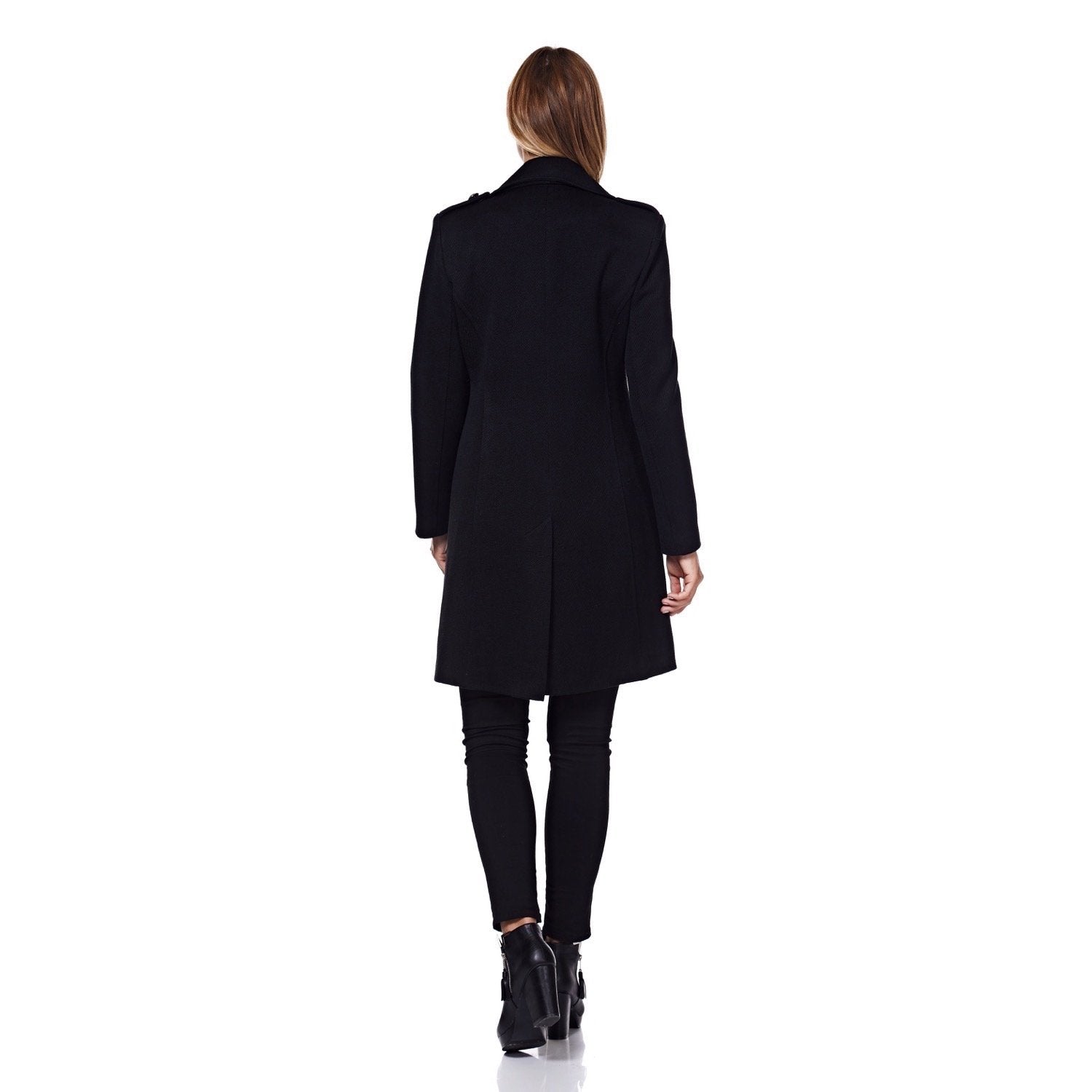 Black double-breasted twill military coat by Rose Eleusis with structured collar and button details, classic vintage style.