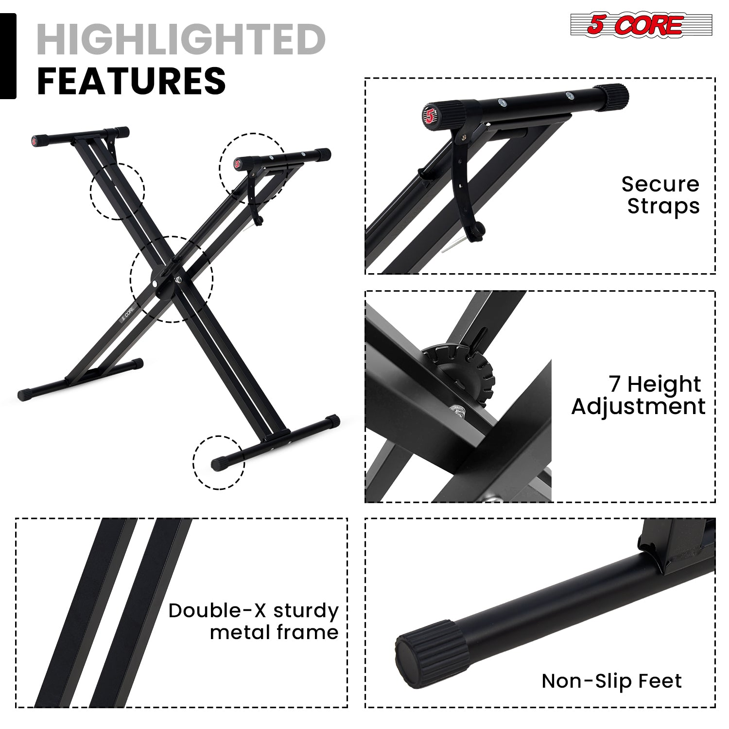 Start2Finish 5-core adjustable keyboard stand with quick-release trigger, portable and height adjustable for musical instruments.