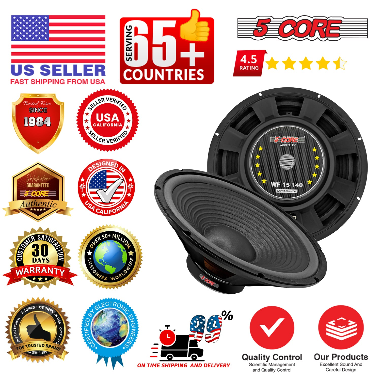 Pair of 15-inch Start2Finish 1000W automotive car woofers with deep bass, 4 ohm subwoofer speakers for sound upgrade