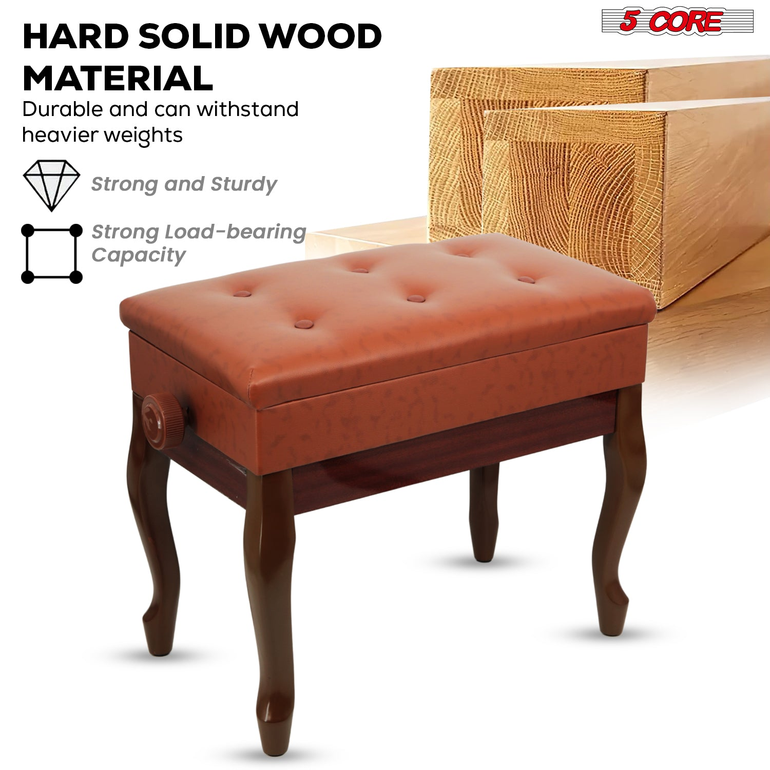Start2Finish 5 Core padded wooden piano bench with storage, adjustable height, cushioned seat, ideal for musicians and piano players.