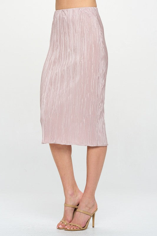 Made in USA solid plisse midi skirt by Jade Icarus, featuring lightweight, pleated fabric and a stylish, versatile design.