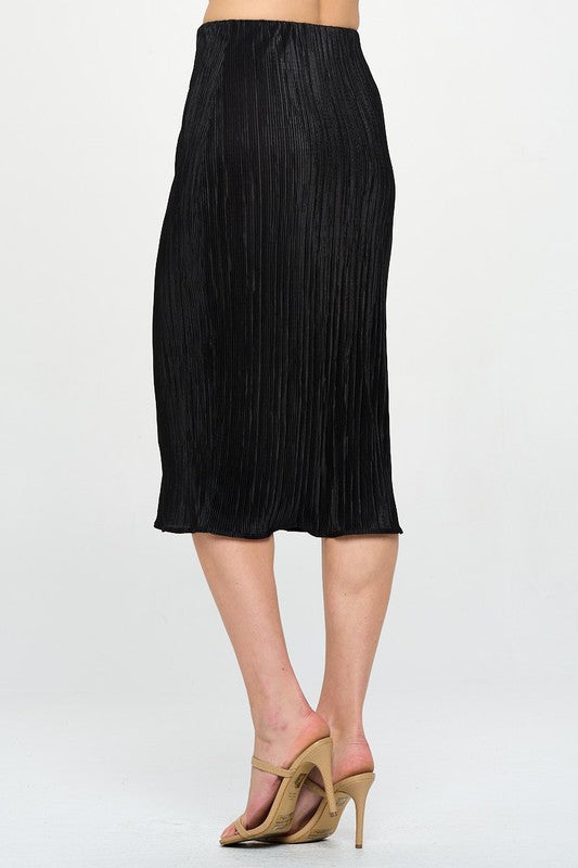 Jade Icarus Made in USA solid plisse midi skirt, shown with its textured fabric and classic length, designed for stylish wear.