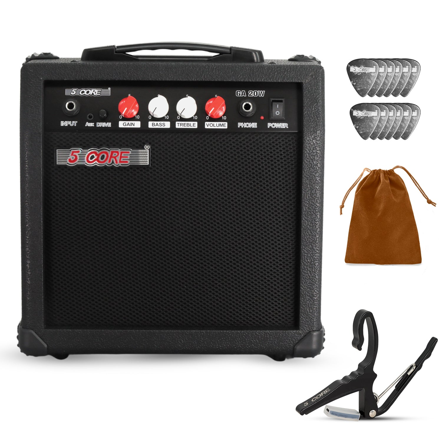 Start2Finish 20W 5 Core guitar amplifier with built-in 6.5-inch speaker, aux input, headphone jack, portable mini electric amp