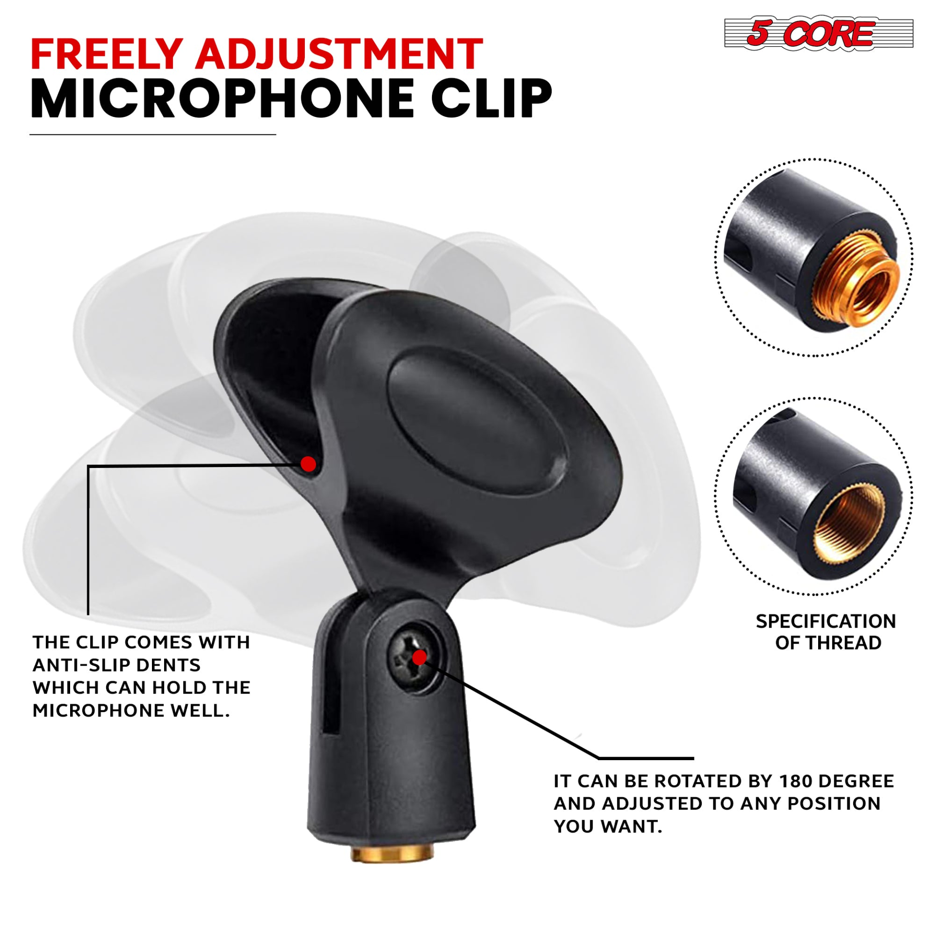 Start2Finish 5 Core microphone stand with adjustable height, round base, lock-tight knob, and 5/8 thread adapter for musical instruments.