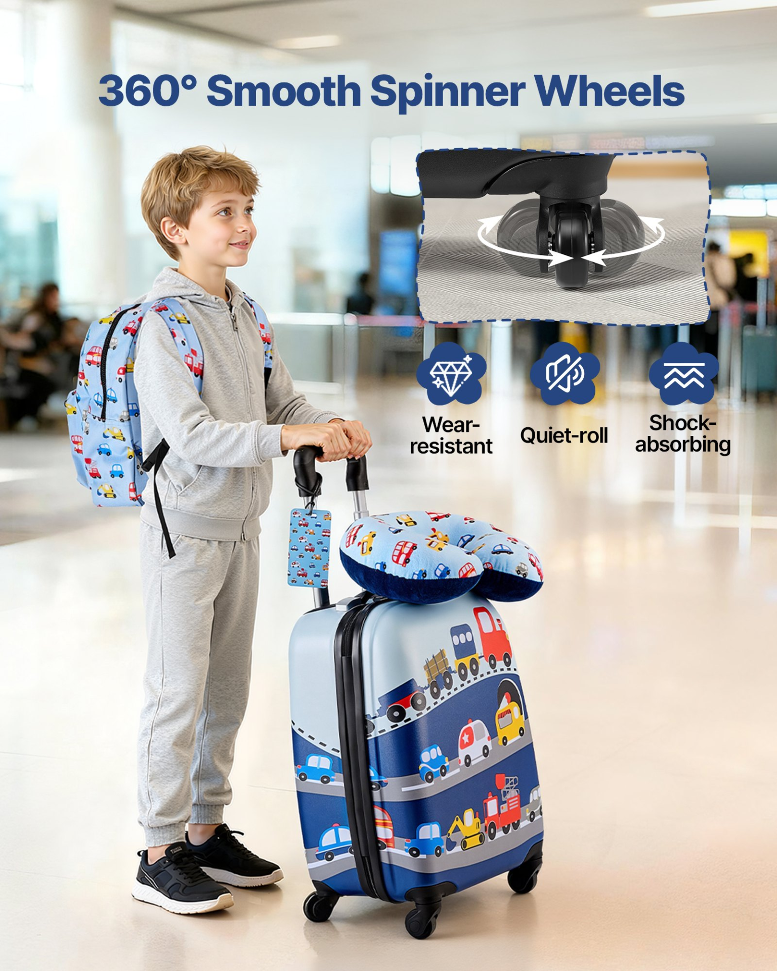 Start2Finish VEVOR Kids luggage set with 18-inch hardside suitcase, backpack, U-shape pillow, ideal for travel and holidays.