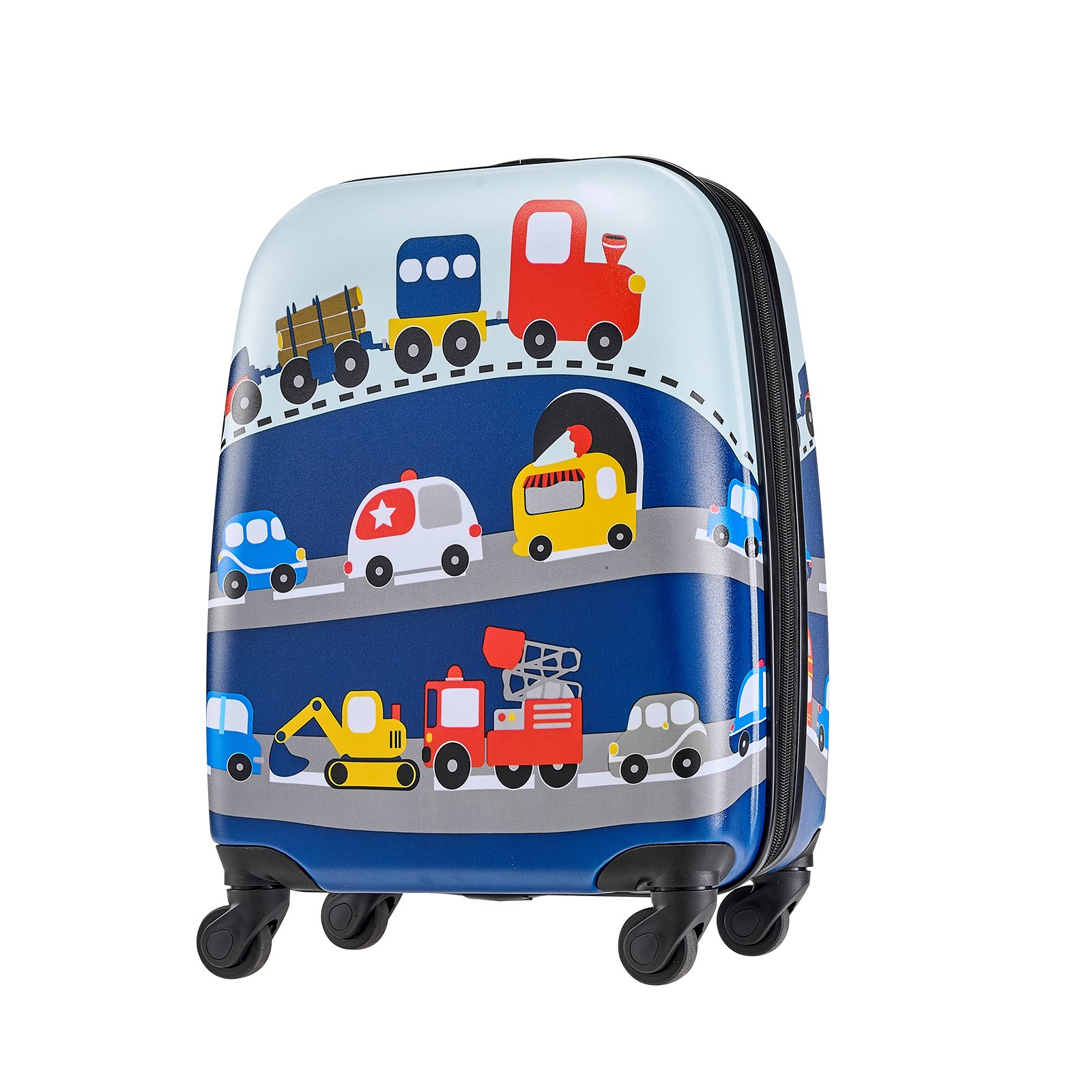 Start2Finish Kids luggage set with 18-inch hardside suitcase, backpack, U-shape pillow, and rolling wheels, suitable for travel.
