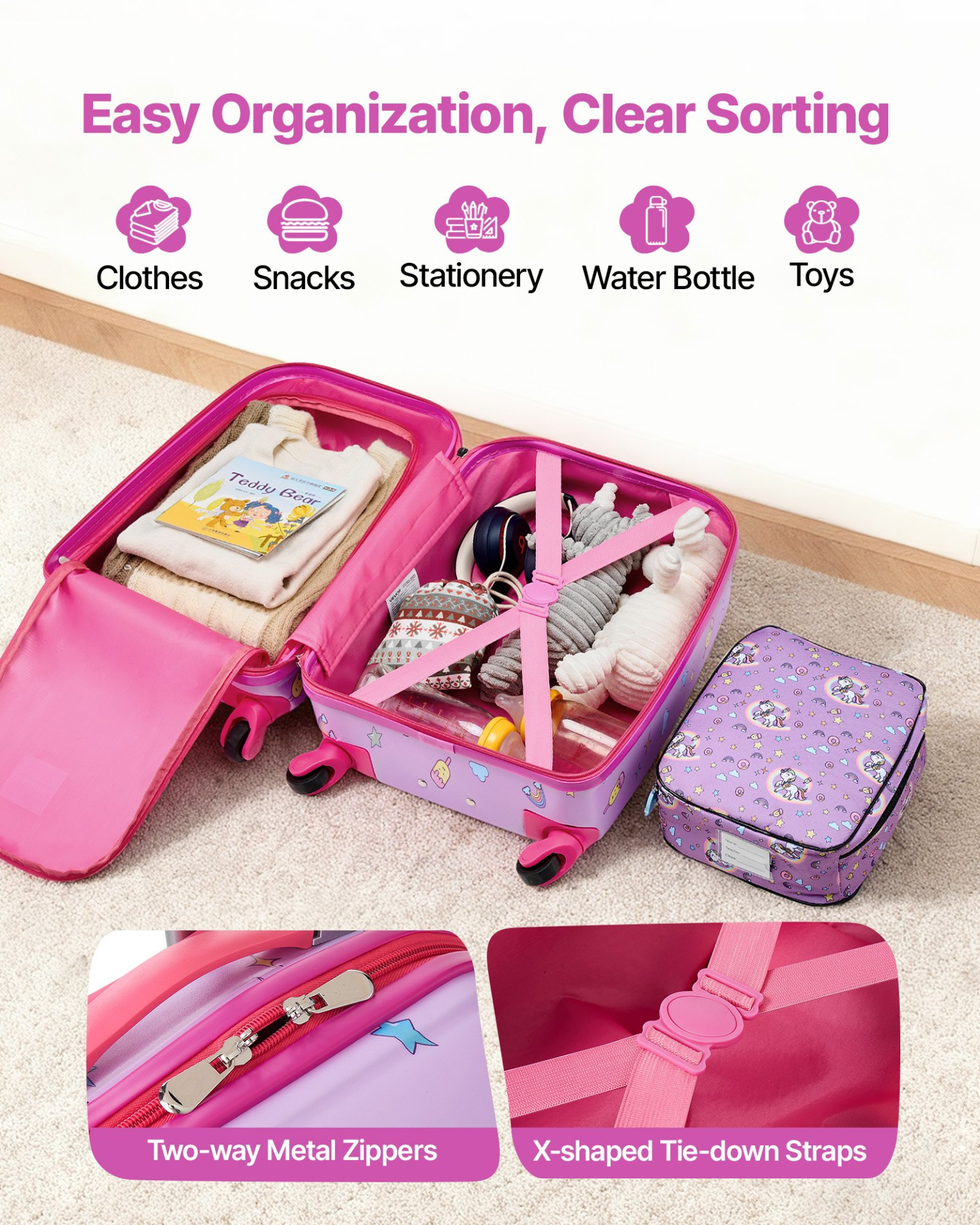 Start2Finish VEVOR kids luggage set with 18-inch unicorn hardside suitcase, backpack, U-shape pillow, perfect for travel and holidays.