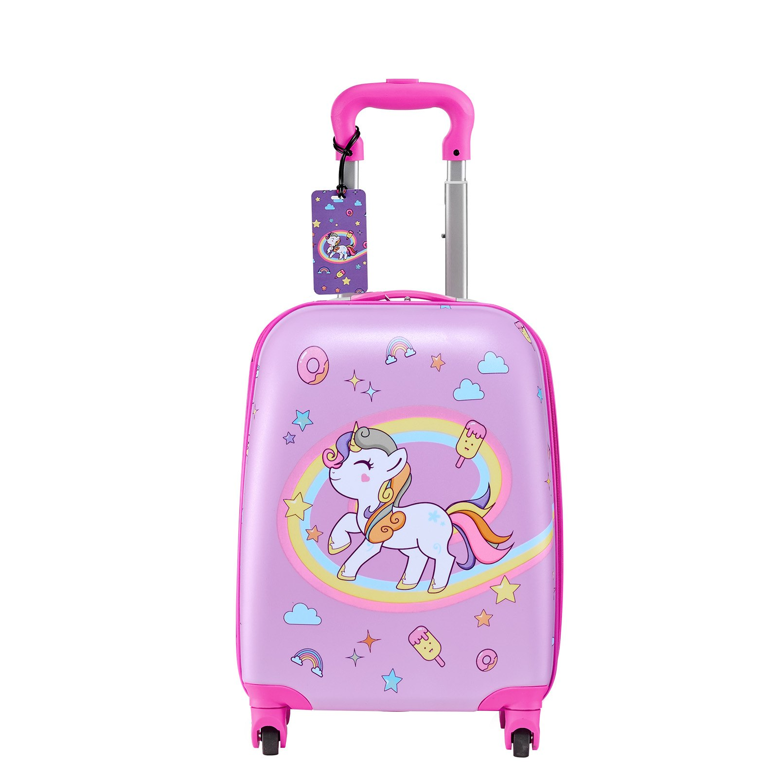 Start2Finish unicorn kids luggage set with 18-inch hardside suitcase, backpack, and U-shape pillow for children’s travel and holidays.