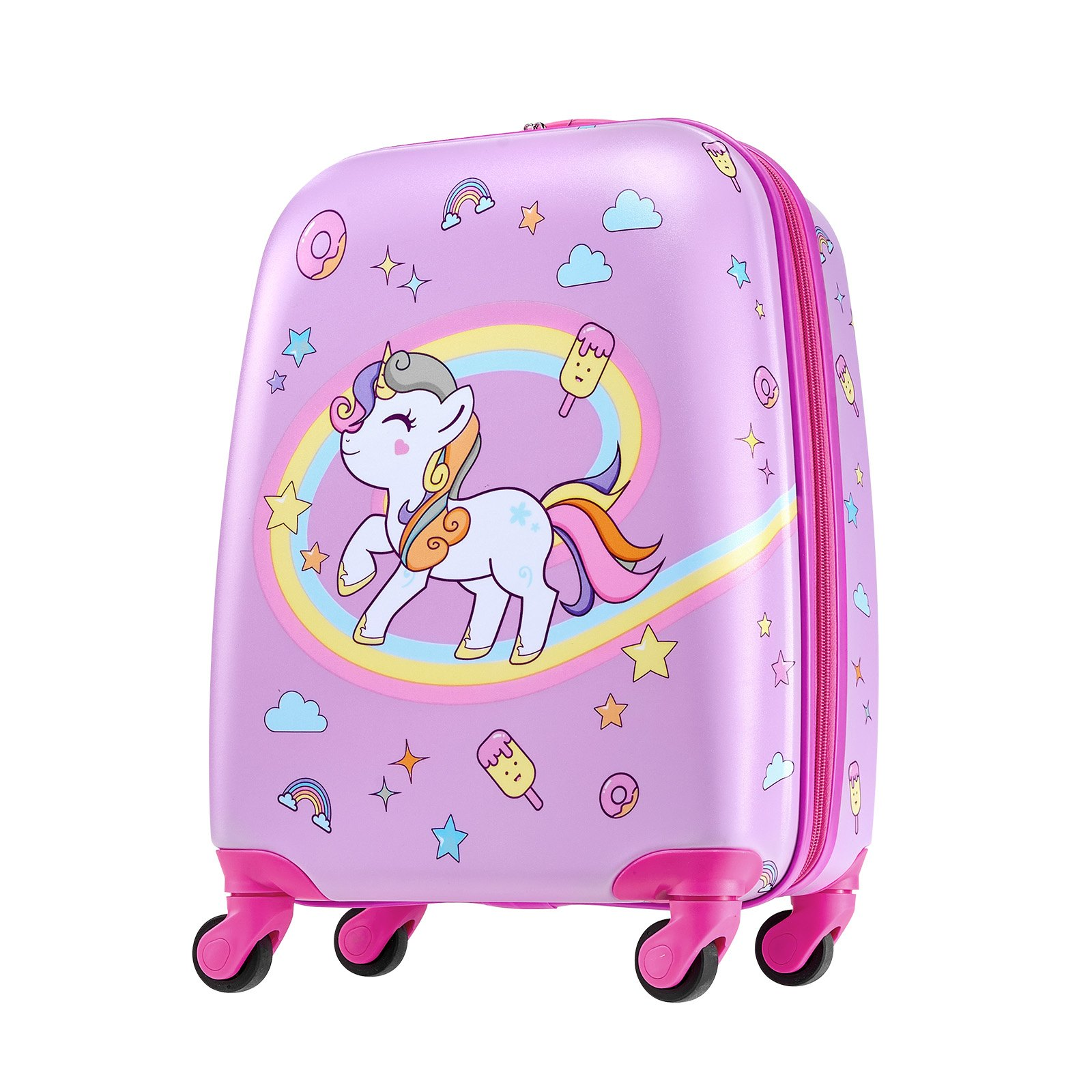 Colorful unicorn kids luggage set with 18-inch hardside suitcase, backpack, U-shape pillow, designed for children’s travel and holidays.