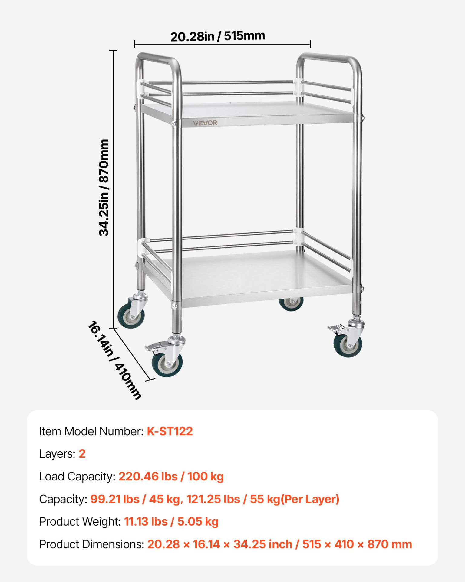 Start2Finish stainless steel 2-tier rolling utility cart with lockable wheels, ideal for medical, restaurant, or salon service use.