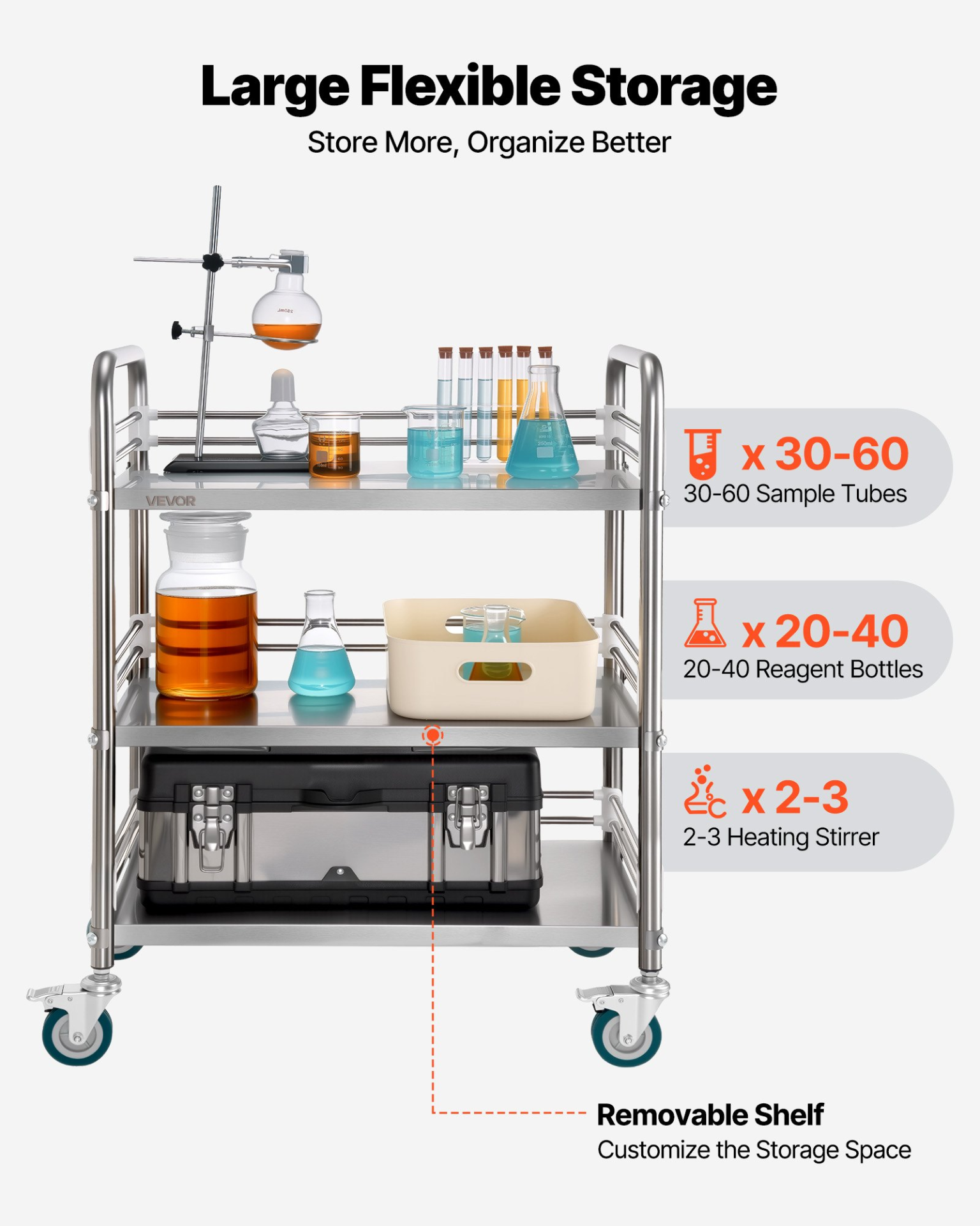 Start2Finish VEVOR stainless steel 3-tier rolling utility cart with lockable wheels, suitable for hospital, restaurant, or salon use.