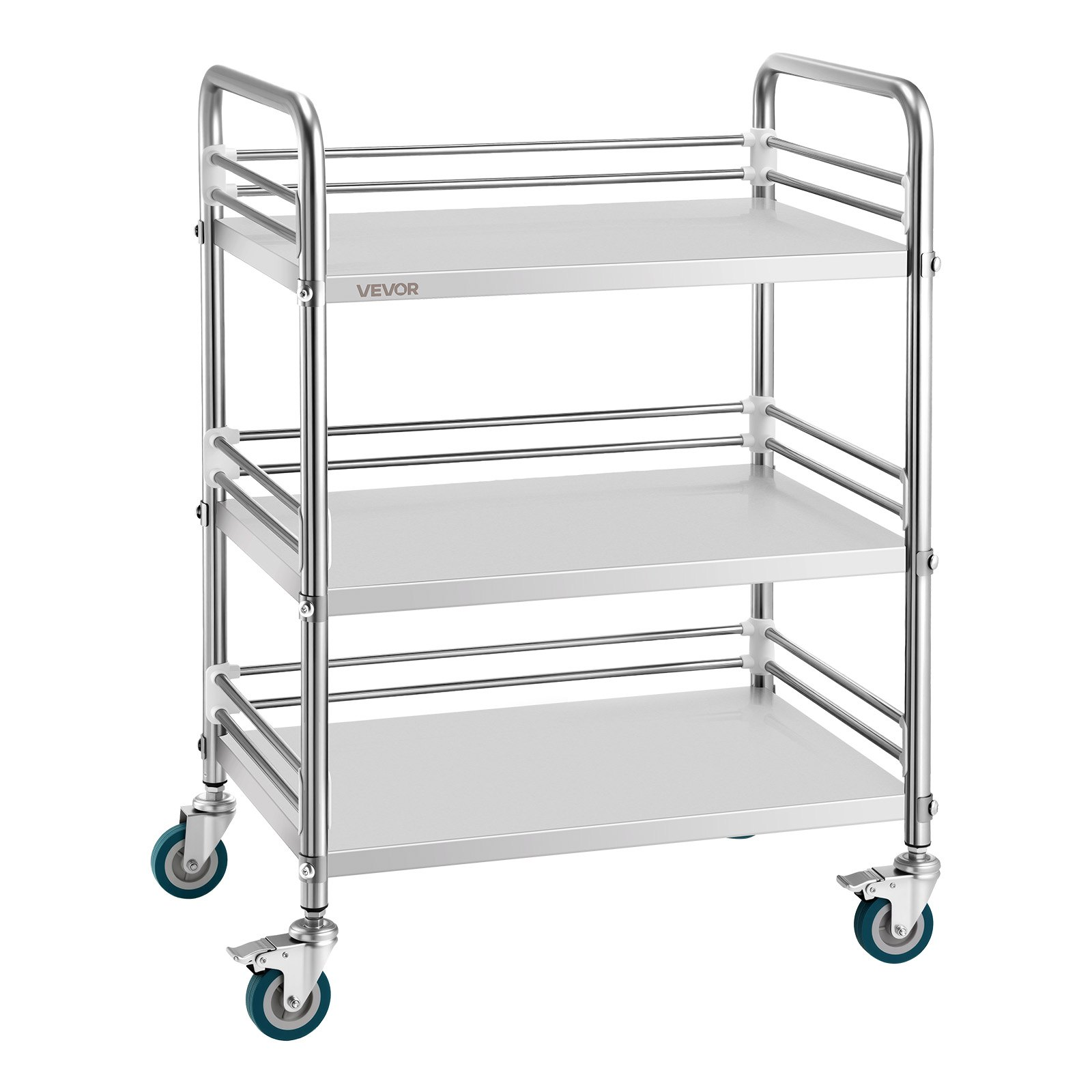 Start2Finish stainless steel 3-tier rolling lab cart with lockable wheels, heavy-duty medical and kitchen service trolley.