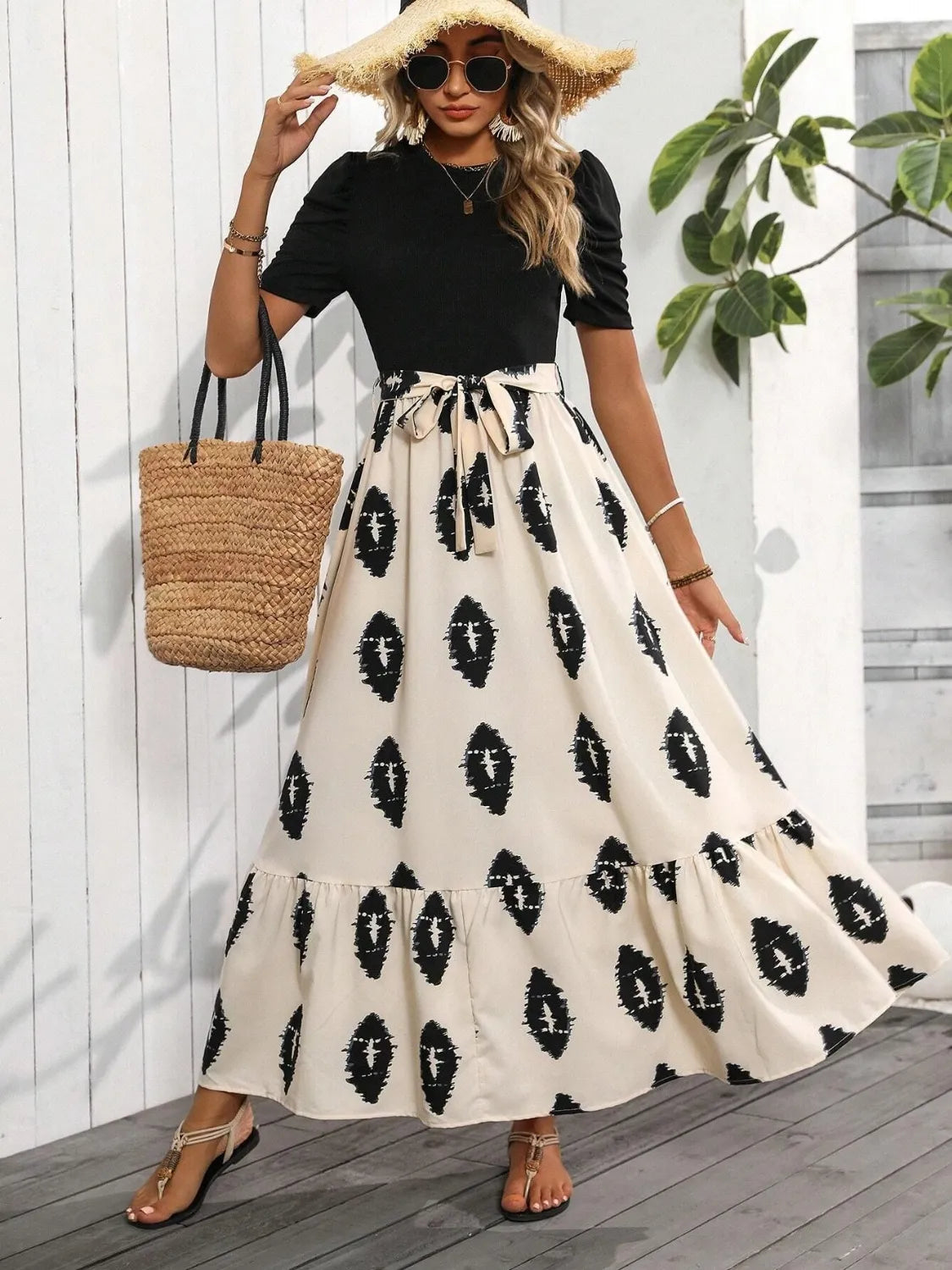 Printed tie waist short sleeve maxi dress by Ruby Styx, featuring a flowy skirt and vibrant pattern for women&