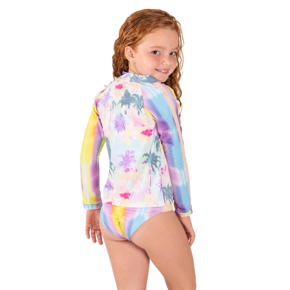Bright rainbow palm tree rash guard for kids, made by Bronze Tartarus, featuring colorful tropical design for children&