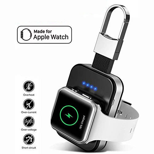 Salmon Lucky Apple Watch wireless charger power bank on key chain, compact tech accessory with charging port and key ring attachment.