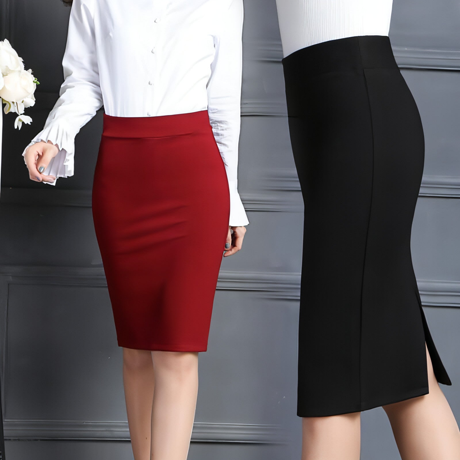 Carmine Juneberry autumn and winter professional skirt with elastic waistband, work-appropriate bag hip design, in neutral fabric.