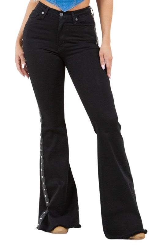 Jade Icarus Ropin Bell Bottom Jean with 32-inch inseam, featuring denim fabric and stylish flared leg design.