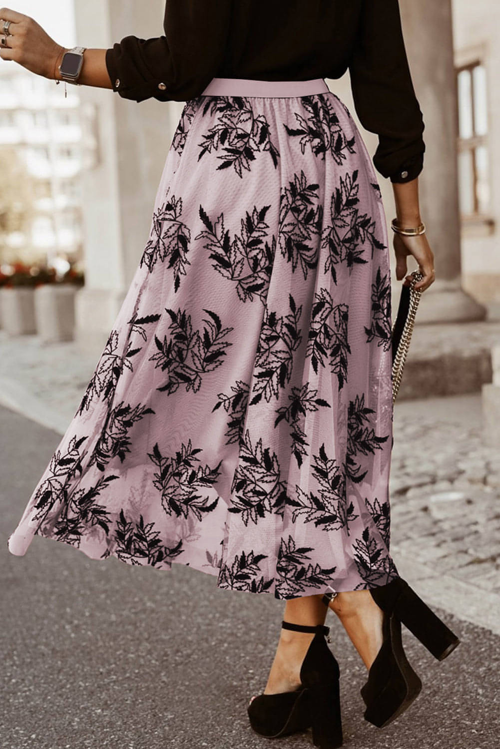 Peach blossom floral embroidered high waist maxi skirt by Carmine Juneberry with detailed floral leaf designs.