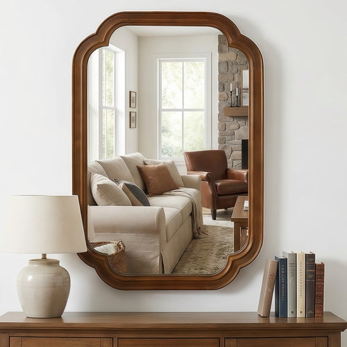 Decorative bedroom mirror with solid wood frame and rounded corners by Sangria Beech, showcasing elegant furniture design.