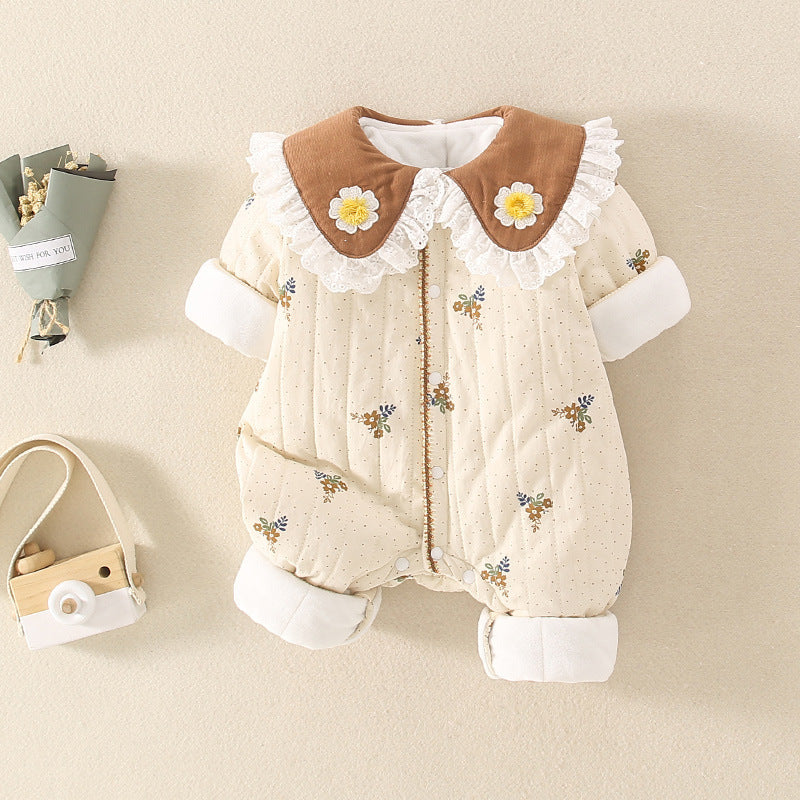 Carmine Juneberry DaisyWarm™ winter floral jumpsuit for baby girls, featuring a cozy design with pink and white daisy patterns.