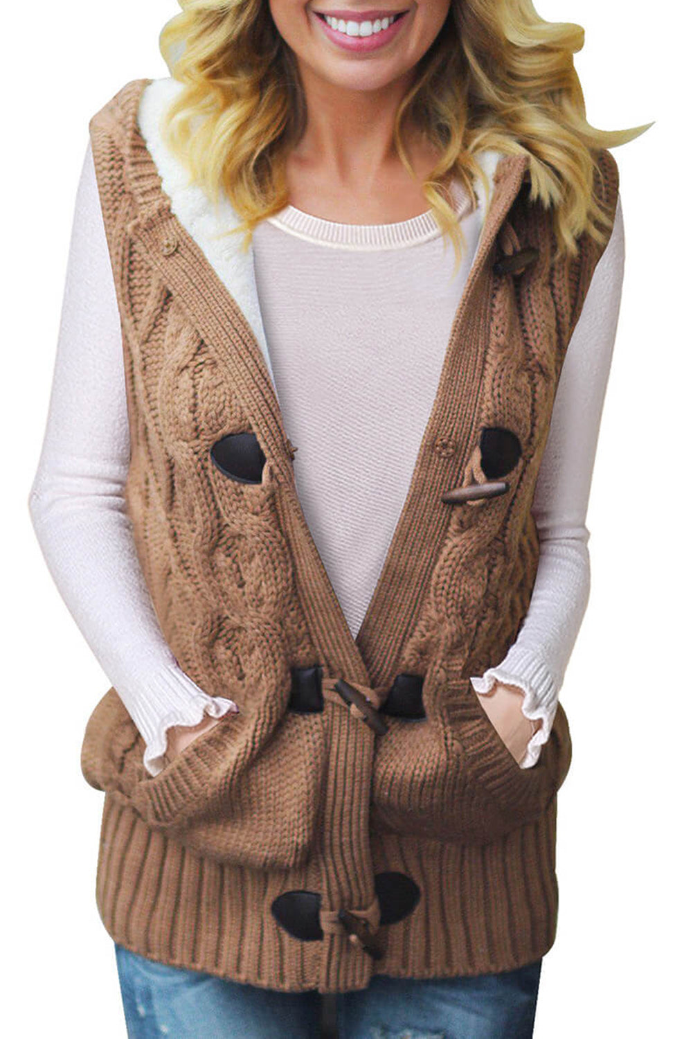 Multicolour cable knit hooded sweater vest by Harlequin Daisy, featuring a cozy, textured knit pattern and a practical hood.