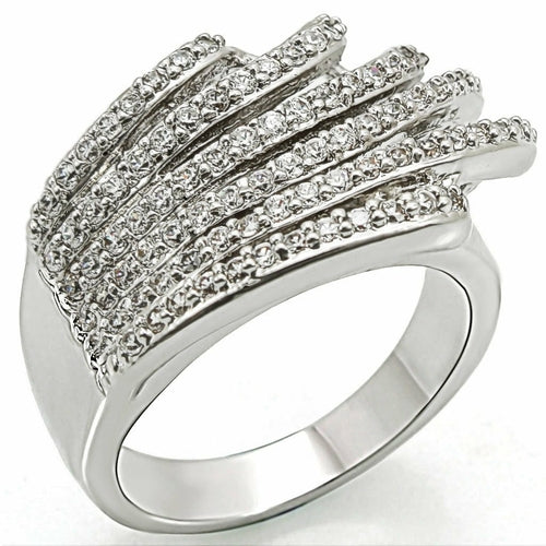 Rhodium brass ring with AAA grade clear cubic zirconia by Turquoise Tiger, featuring a sleek design and sparkling gemstone.