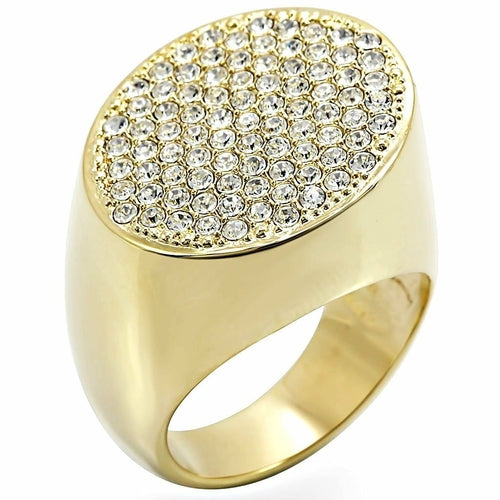 Gold brass ring with clear top grade crystal, stylish jewelry by Turquoise Tiger featuring a sleek design and sparkling centerpiece.