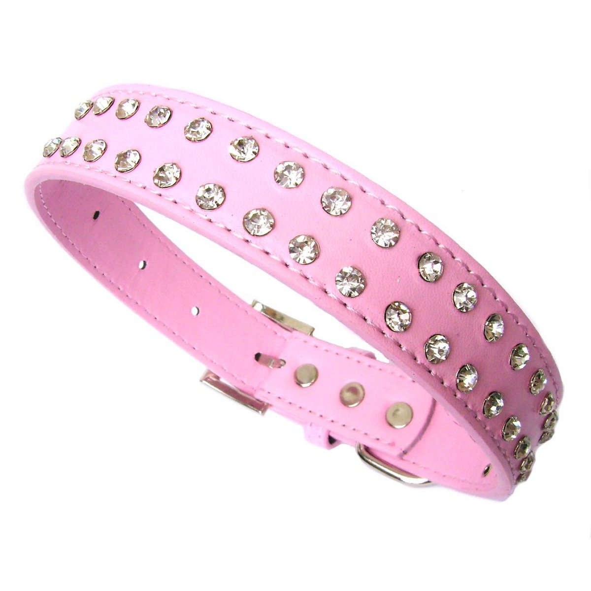 Salmon Oscar 2-row pink dog collar with crystal accents, adjustable for 10-20 inch neck sizes, made of durable petwear material.
